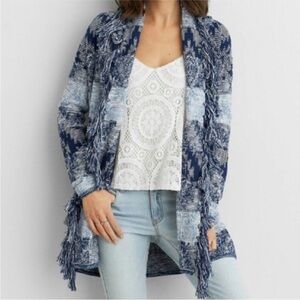 American Eagle Outfitters Blue & White Woven Open Cardigan L